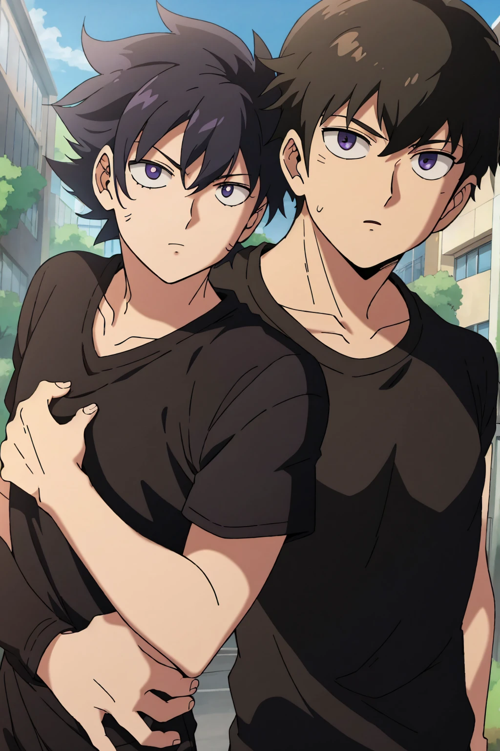 1male , Young Male , , Dark Skin tone, school Background , school T-Shirt , dark purple Eyes , school Clothing , modern Clothing , black Hair ,
