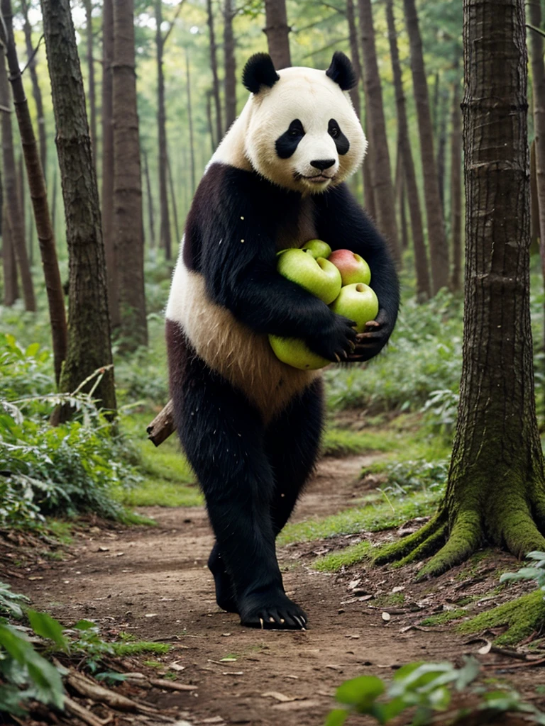 A panda carrying apples through the forest