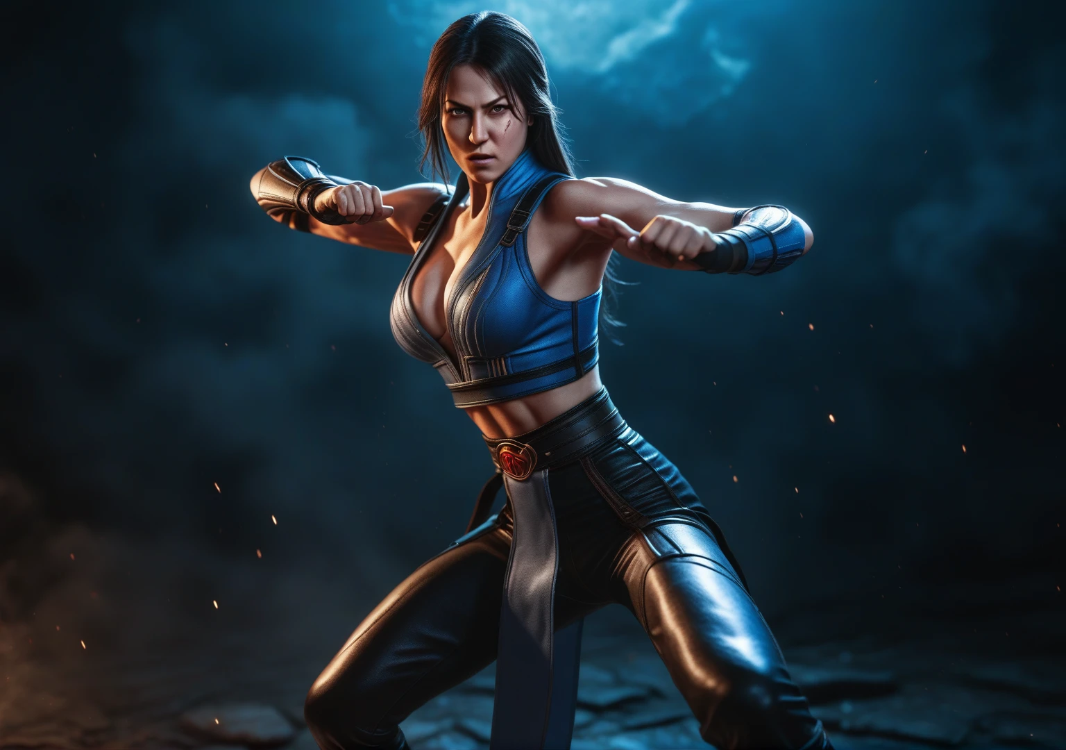 a woman in a fighting stance,milena from mortal kombat,full body shot,extremely detailed face and anatomy,4k, high quality, ultra-detailed,photorealistic,dramatic lighting,cinematic composition,dynamic pose,vivid colors,fantasy character,video game art
