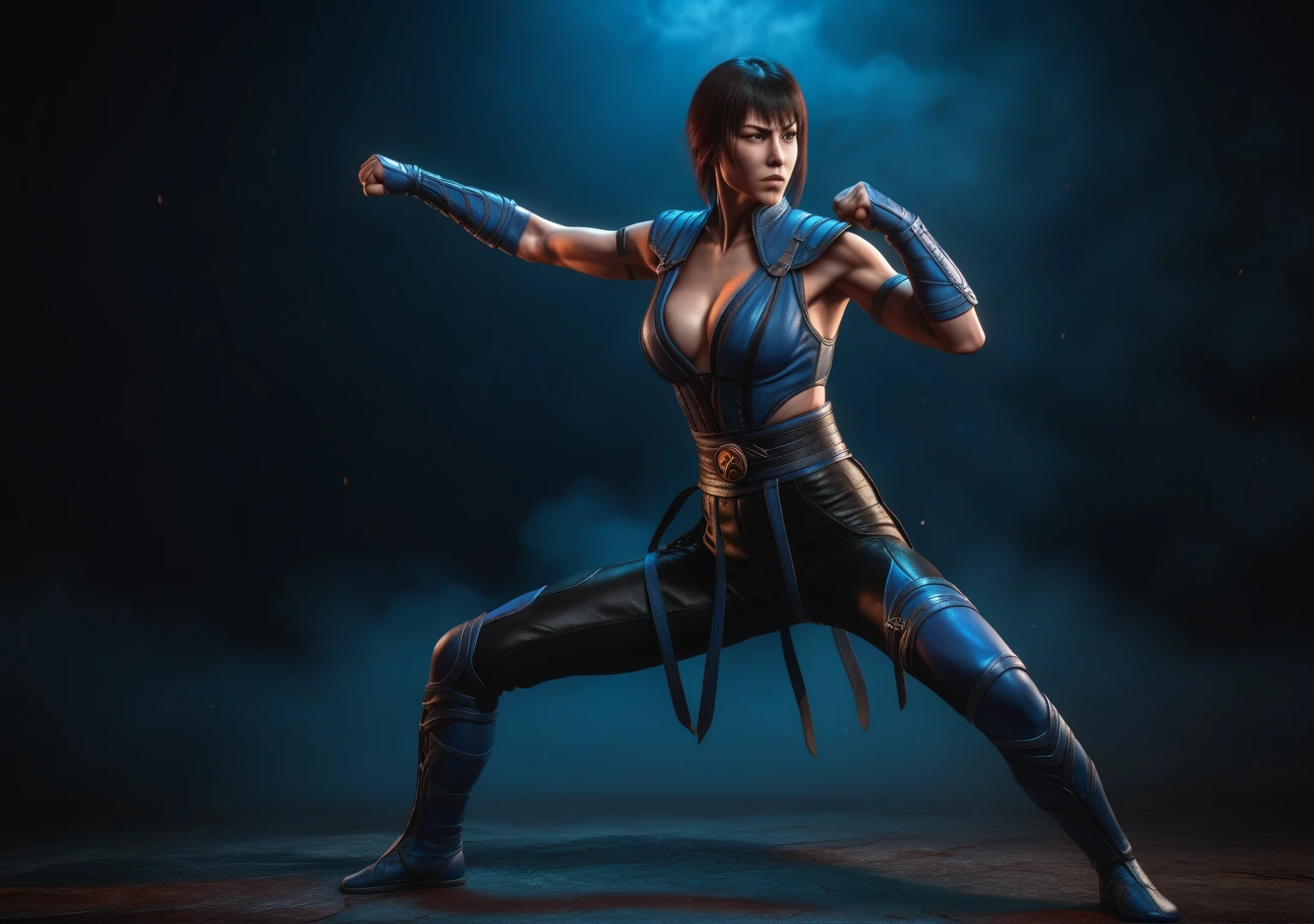 a woman in a fighting stance,milena from mortal kombat,full body shot,extremely detailed face and anatomy,4k, high quality, ultra-detailed,photorealistic,dramatic lighting,cinematic composition,dynamic pose,vivid colors,fantasy character,video game art
