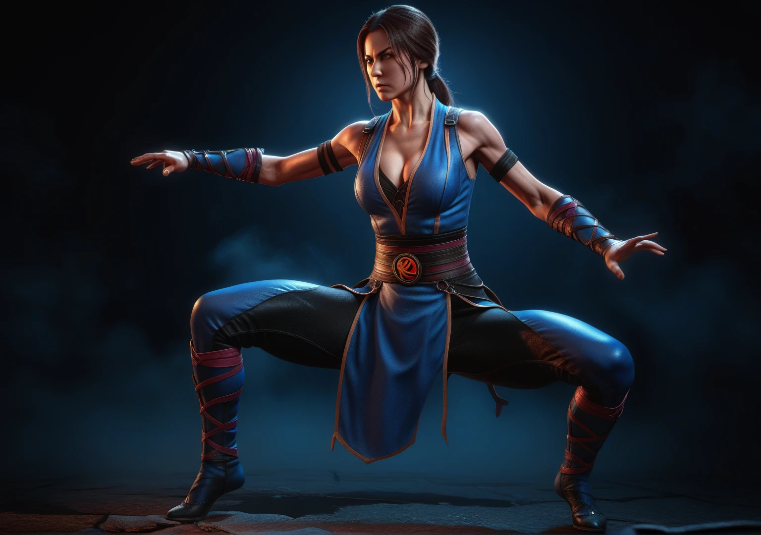 a woman in a fighting stance,milena from mortal kombat,full body shot,extremely detailed face and anatomy,4k, high quality, ultra-detailed,photorealistic,dramatic lighting,cinematic composition,dynamic pose,vivid colors,fantasy character,video game art
