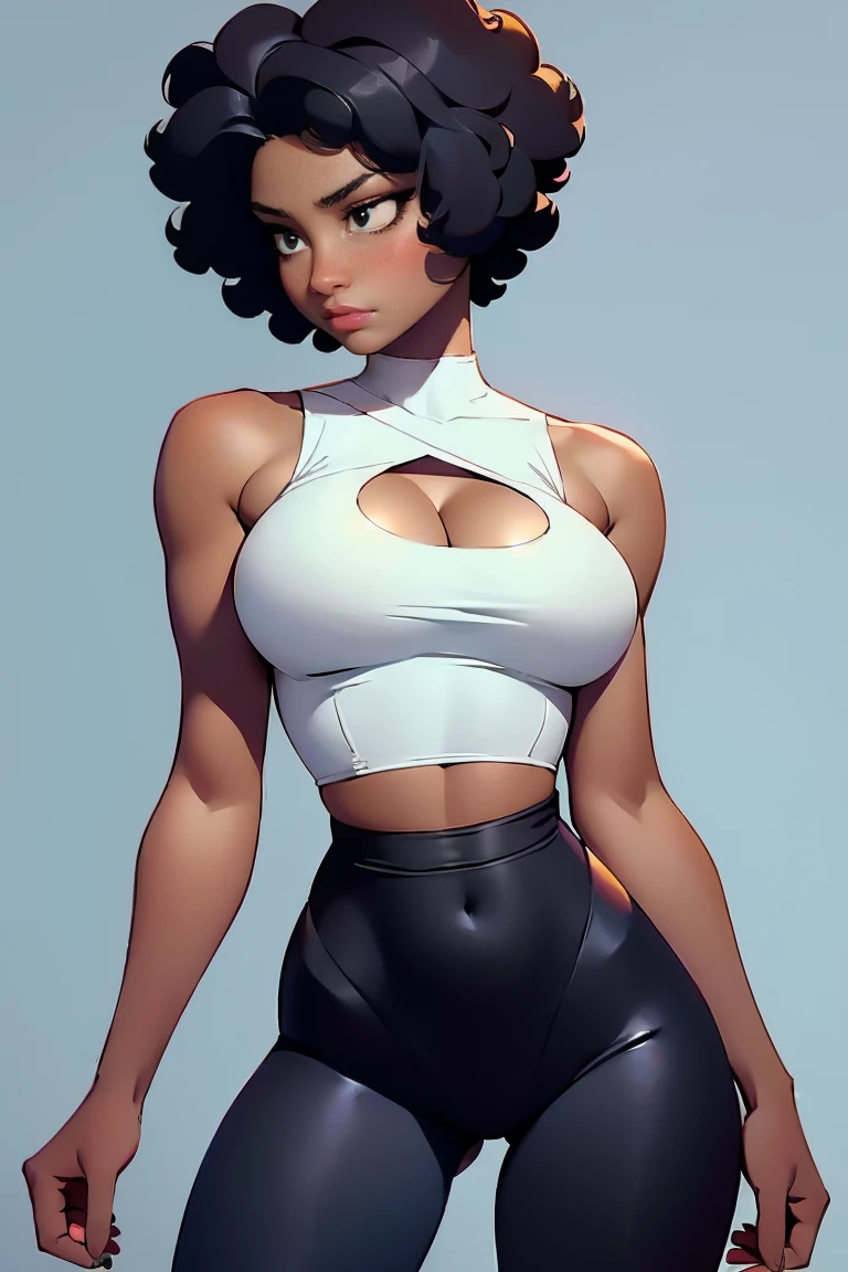 afro american girl, dark skin, behind view, afro haircut, 1 girl, solo, (black leggins) (tank top, cleavage), sleveless, medium bust, wide hips