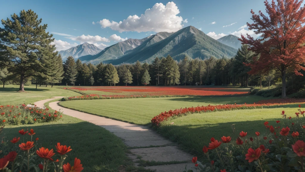 landscape with red flowers and squirrel