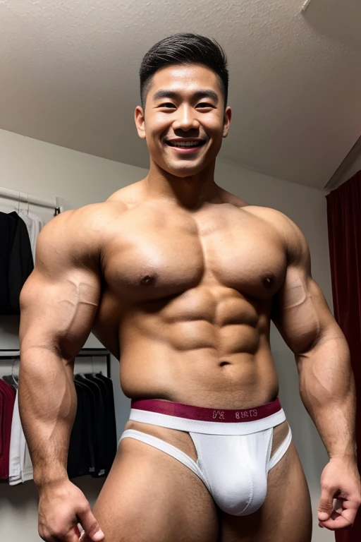 A handsome bodybuilder asian young man (23 years, cute smile, huge biceps, white skin, sexy, shirtless, in jockstraps, bulge) at underwear shop, ultra realistic, modelshoot ,