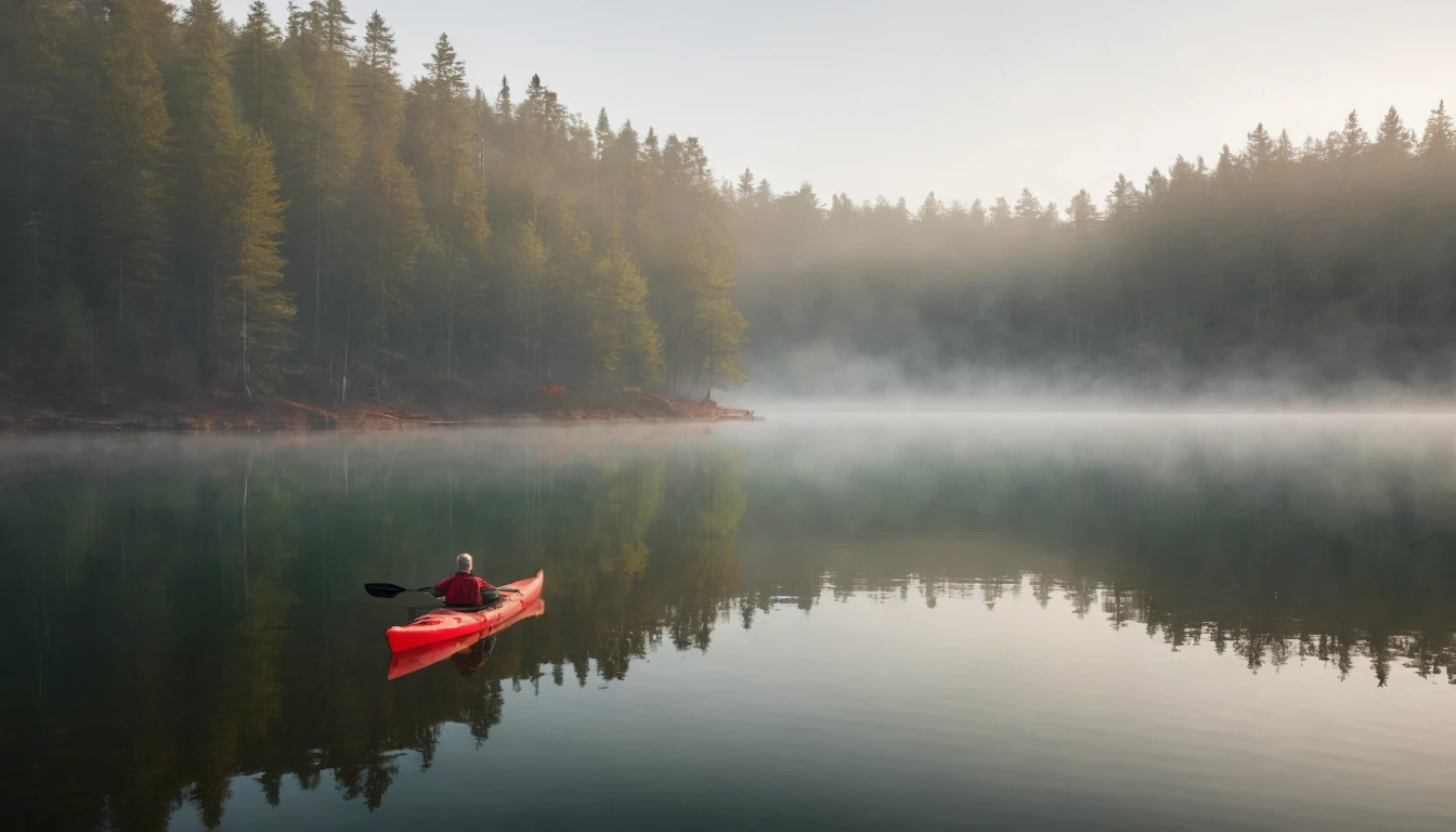 A small, desolate lake at dawn, with the calm water reflecting the first colors of the sun. The environment is surrounded by a dense and misty forest. An old man inside a lone red kayak is floating in the middle of the lake, creating a feeling of loneliness and isolation.