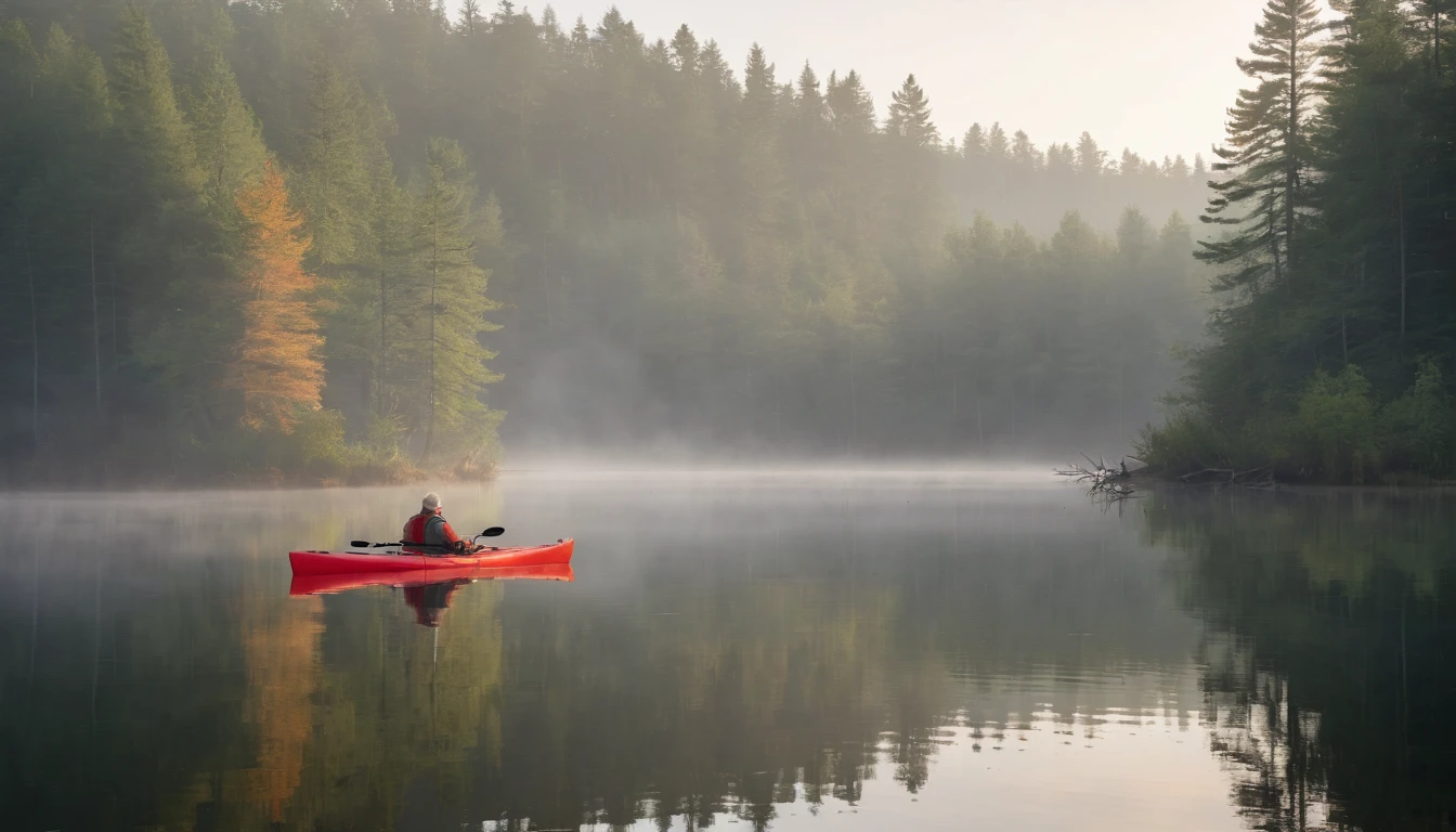 A small, desolate lake at dawn, with the calm water reflecting the first colors of the sun. The environment is surrounded by a dense and misty forest. An old man inside a lone red kayak is floating in the middle of the lake, creating a feeling of loneliness and isolation.