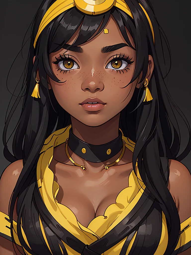 (masterpiece), best quality, expressive eyes, perfect face, (masterpiece), best quality, expressive eyes, perfect face. (absurdres, highres, ultra detailed), 1 girl black skin, plump lips, black skin, cute and delicate. extremely long black hair  hair, freckles on her face, her breasts are small, completely innocent face, she is wearing a coquette style, yellow softy eyes. BLACK SKIN, WOMAN BLACK SKIN, ONLY BLACK SKIN allowed, DARK_SKIN, in the room. high quality, 8k, 4k