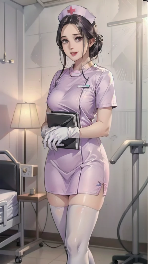 1 Female, alone, nurse, nurse cap, White, ((White legwear, zettai ryouiki)), White gloves, Long Hair, Purple Hair, Red eyes, Pink Lips, smile, Are standing, ((Hospital room)), Sharp contours, Short sleeve, Mature Woman, Age 35, highest quality, masterpiece,Large Breasts