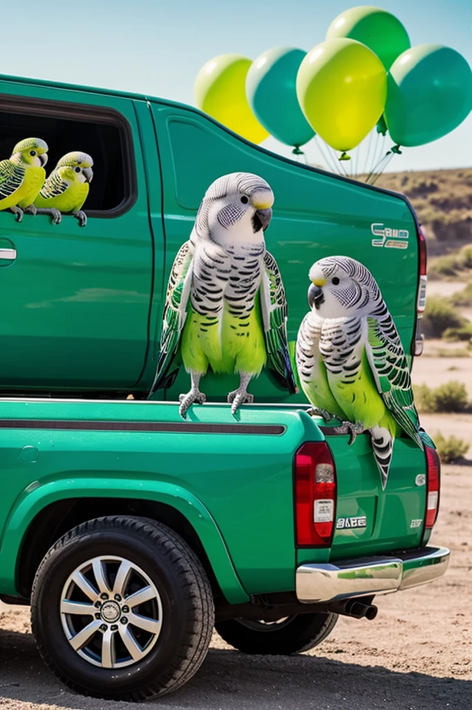 two budgies, one green, the other the color of sea water, behind decorated trucks with balloons and balls