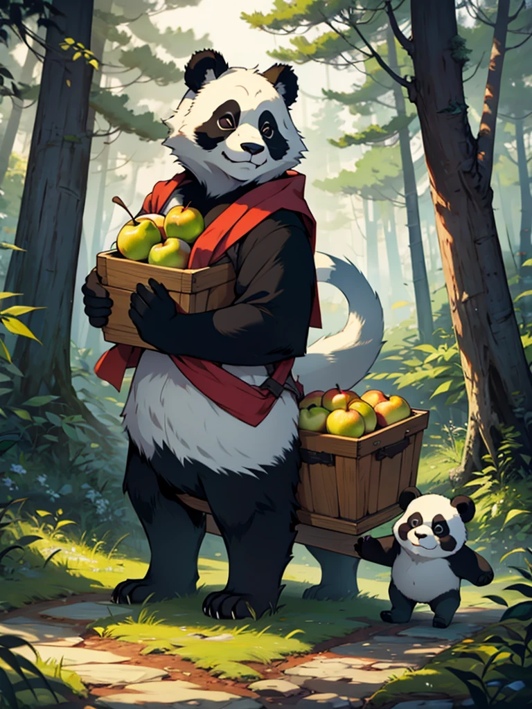 A panda carrying apples through the forest
