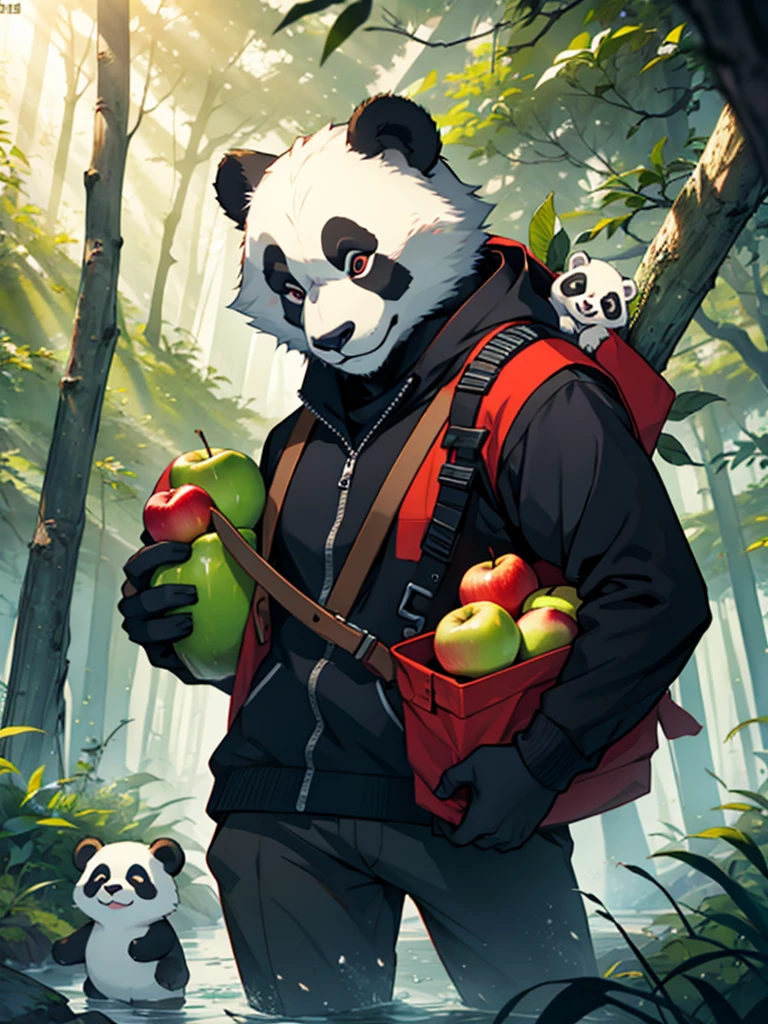 A panda carrying apples through the forest