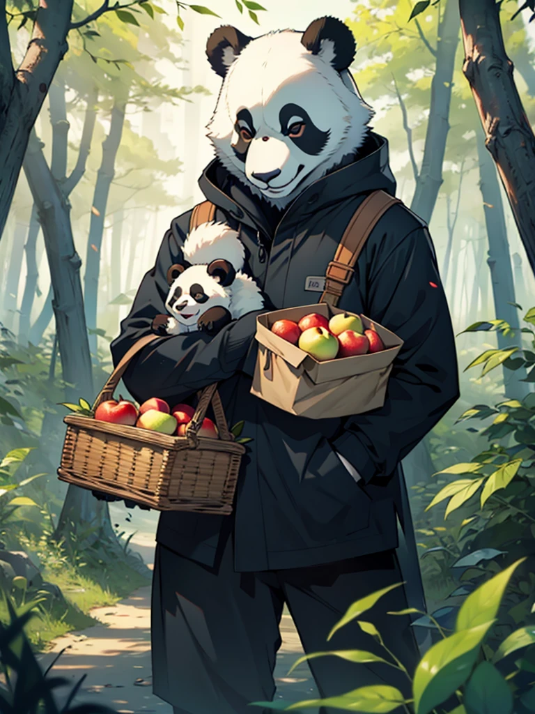 A panda carrying apples through the forest