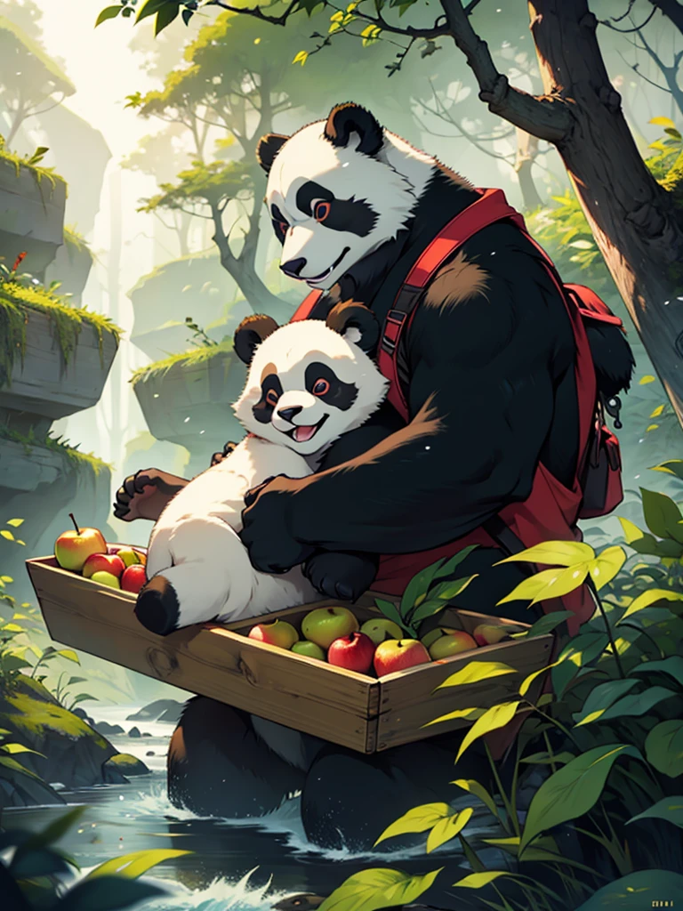 A panda carrying apples through the forest