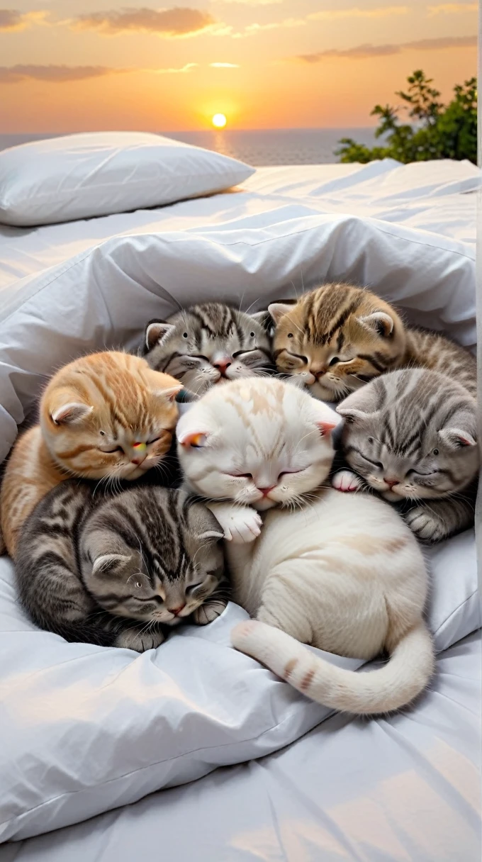 With the sunset in the background,(masterpiece:1.2, high quality), Five Scottish Fold kittens sleeping together in bed、