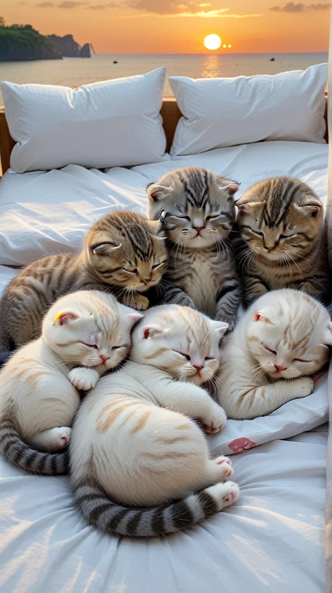 With the sunset in the background,(masterpiece:1.2, high quality), Five Scottish Fold kittens sleeping together in bed、