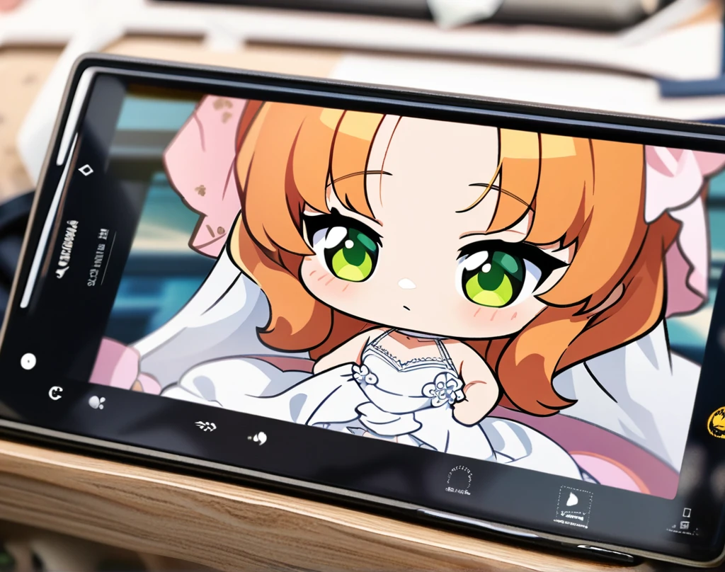 (masterpiece), best quality, ultra-detailed, 1024k UHD wallpaper, ultra-high resolution, depth of field, HDR, (extremely detailed CG 1024k wallpaper), Detailed face, Detailed Clothes, Ultra HD Photo, 1girl, long silky hair, 90's style, medium orange hair, green eyes, chibi, in wedding dress, (newest anime art style)