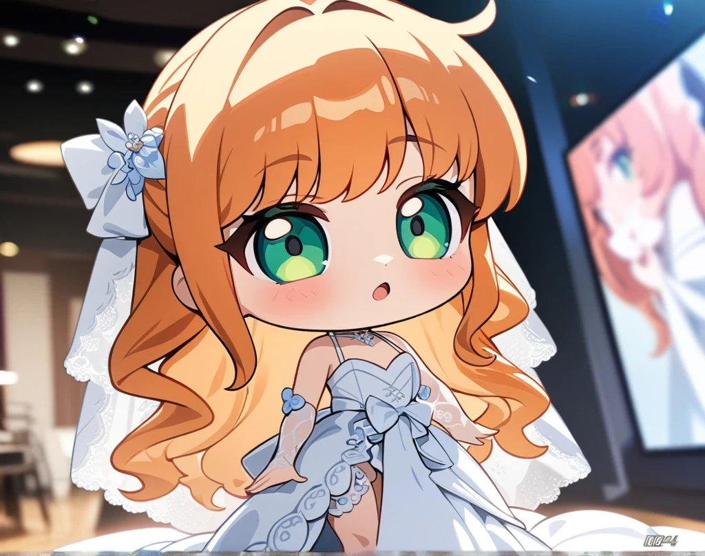 (masterpiece), best quality, ultra-detailed, 1024k UHD wallpaper, ultra-high resolution, depth of field, HDR, (extremely detailed CG 1024k wallpaper), Detailed face, Detailed Clothes, Ultra HD Photo, 1girl, long silky hair, 90's style, medium orange hair, green eyes, chibi, in wedding dress, (newest anime art style)