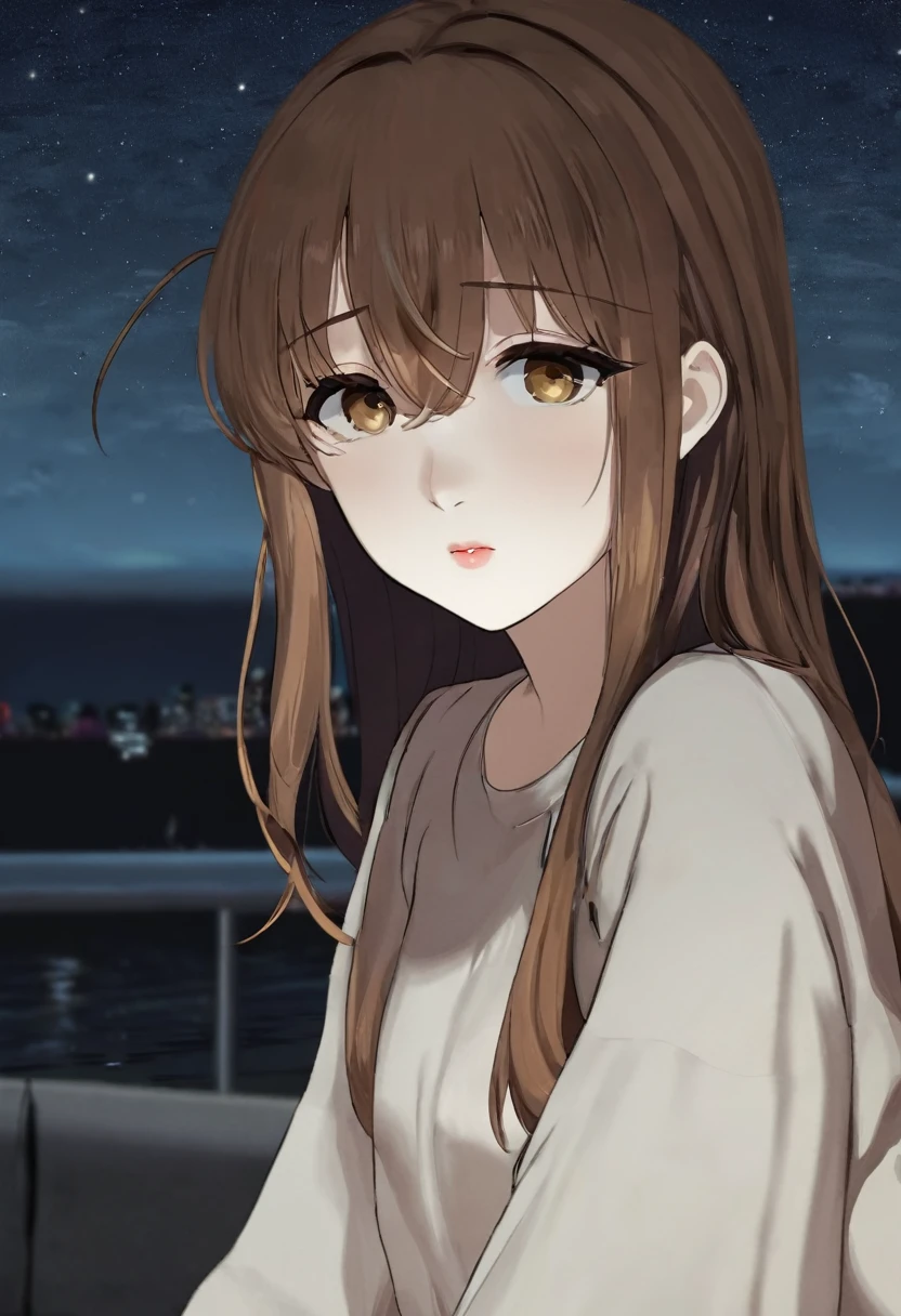 girl.Brown hair.العيون الbeautiful.Hazel eyes.At night time.
Flowing hair.Anime drawn lips.nocturnal.calm.beautiful.Sitting at night.