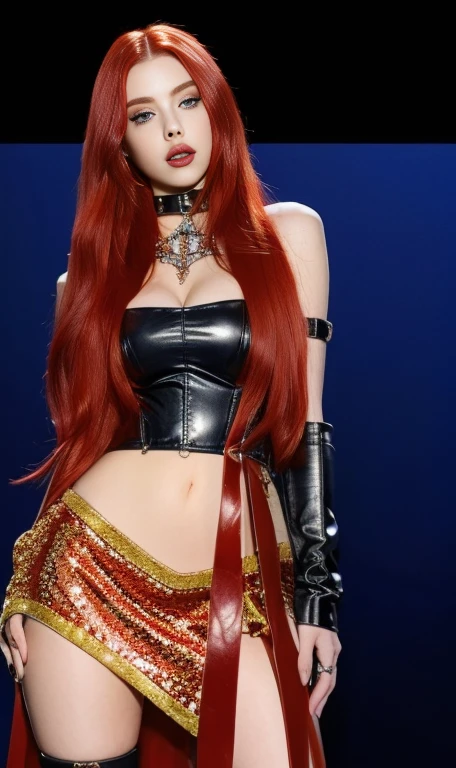 a close up of a woman With red hair wearing a leather outfit blue eyes, with long red hair, waist-length red hair, young beautiful amaranth, erza scarlet as a real person, amaranth, With red hair, she has long orange hair, redhead goddess, Anya Taylor - Vampire Queen Joy, cybergoth, Ava Max, Lilith