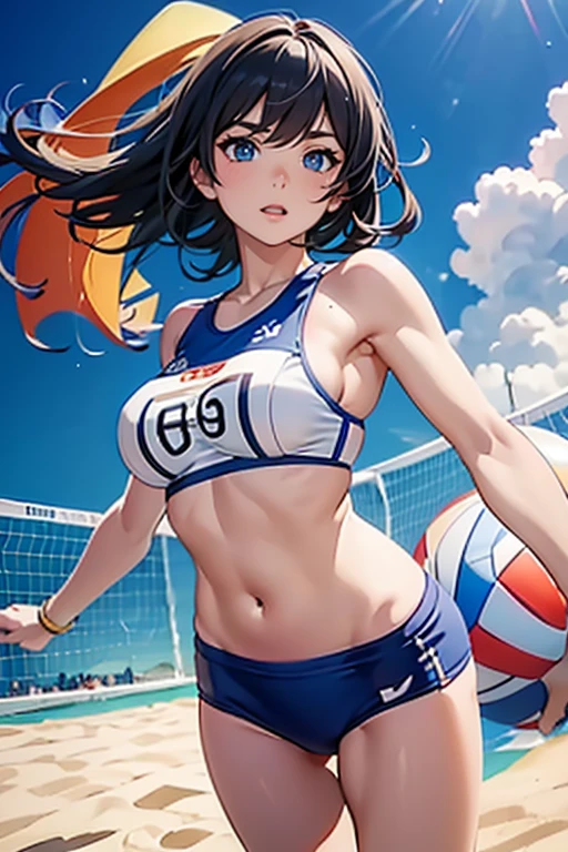 8K, top-quality, masterpiece: 1.2, (reallistic, Photorealistic: 1.2), Beautiful girl, barefoot(((beach volleyball player is jumping and attacking:1.2)))