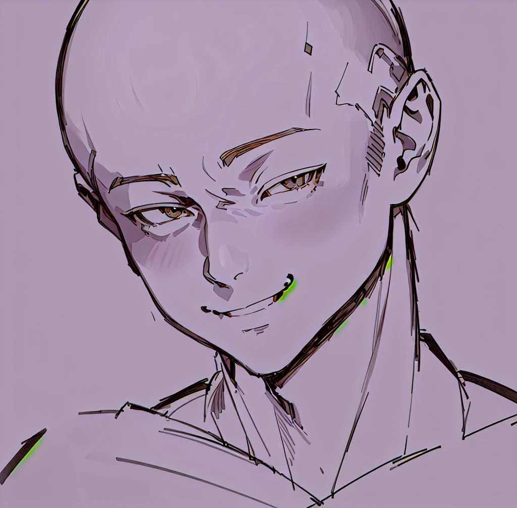 drawing of a bald man with a smile on his face, detailed anime soft face, portrait of pretty man, flat anime style shading, clean anime outlines, elegant smiling pose, wink smile expression, face anime portrait, attractive, high detailed face anime, detailed anime face, dramatic smiling pose, seinen manga portrait, anime style portrait