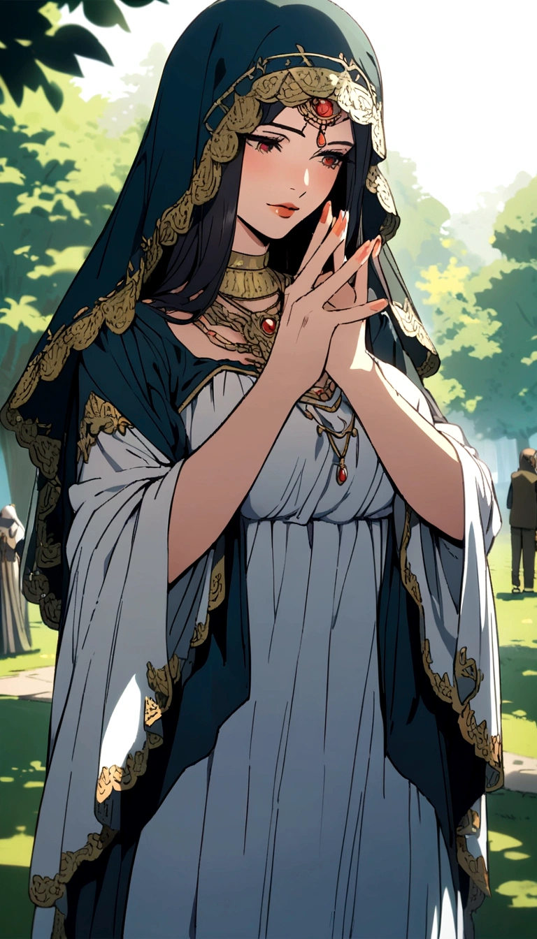 veiled woman, fingers, in a park