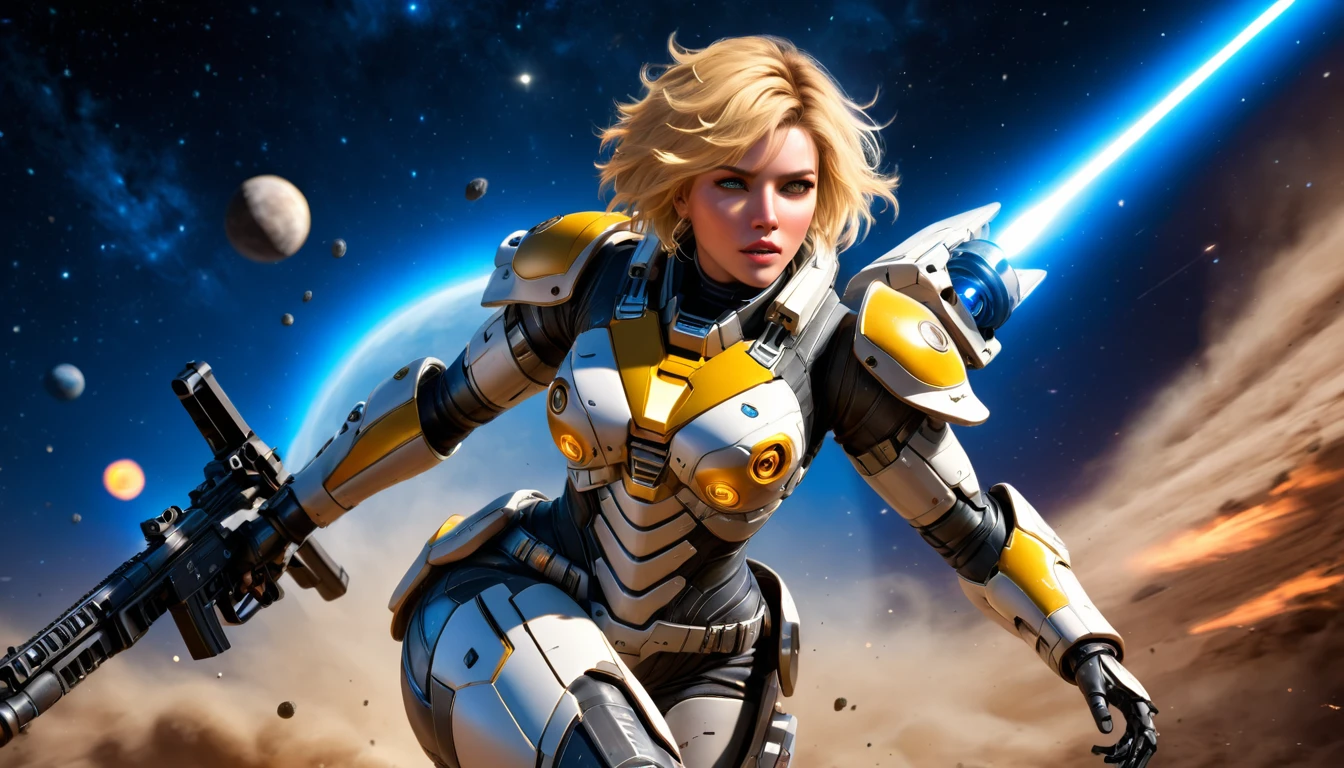 a female mech warrior in battle on a moon in space, full body shot, action shot, a tough and beautiful female mech warrior, short blond hair, dynamic eye color, intent gaze, ultra detailed face, best detailed face, she wears mech armor, and massive sci-fi gun, in battle, outer space background, stars, vibrant, Ultra-high resolution, High Contrast, (masterpiece:1.5), highest quality, Best aesthetics), best details, best quality, highres, (ultra wide angle: 1.2), 16k, ultra detailed, masterpiece, best quality, (extremely detailed),aetherpunkai, Mechanical Creatures, assault rifle