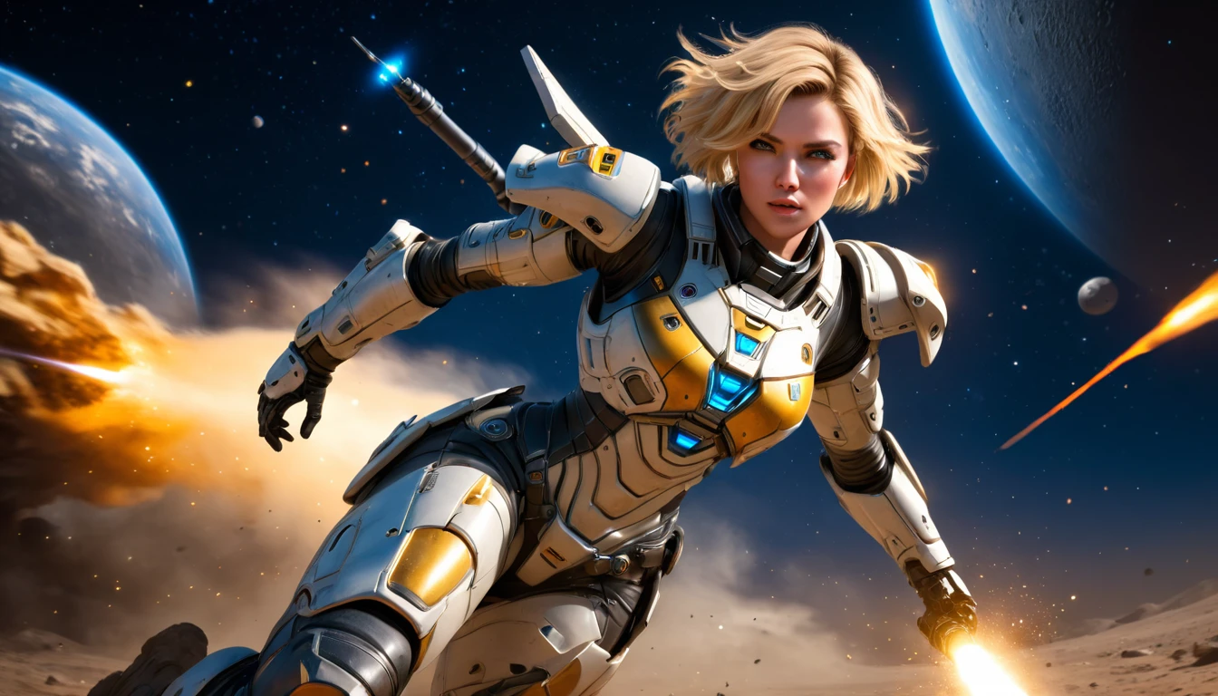 a female mech warrior in battle on a moon in space, full body shot, action shot, a tough and beautiful female mech warrior, short blond hair, dynamic eye color, intent gaze, ultra detailed face, best detailed face, she wears mech armor, and massive sci-fi gun, in battle, outer space background, stars, vibrant, Ultra-high resolution, High Contrast, (masterpiece:1.5), highest quality, Best aesthetics), best details, best quality, highres, (ultra wide angle: 1.2), 16k, ultra detailed, masterpiece, best quality, (extremely detailed),aetherpunkai, Mechanical Creatures, assault rifle