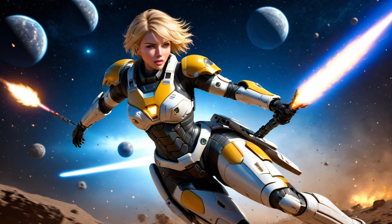 a female mech warrior in battle on a moon in space, full body shot, action shot, a tough and beautiful female mech warrior, short blond hair, dynamic eye color, intent gaze, ultra detailed face, best detailed face, she wears mech armor, and massive sci-fi gun, in battle, outer space background, stars, vibrant, Ultra-high resolution, High Contrast, (masterpiece:1.5), highest quality, Best aesthetics), best details, best quality, highres, (ultra wide angle: 1.2), 16k, ultra detailed, masterpiece, best quality, (extremely detailed),aetherpunkai, Mechanical Creatures, assault rifle