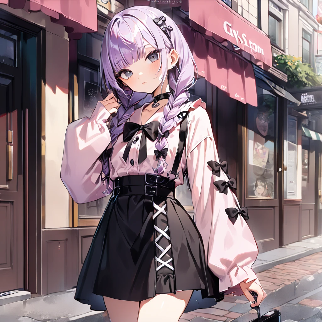 a masterpiece, beautiful eyes, a beautiful face, kawaii, light atmosphere, (Cute a girl:1.5), (a girl with closs hair pin,pale purple hair,wavy two braids,blunt bangs hair,green and black eyes,
pink shirt,Black skirt, platform boots,,cosplay, jirai kei, bangs, black bow, looking at viewer, bow, long sleeves, choker, ribbon,pink lips,fullbody shot :1.4),
(masterpiece:1.3), anime visual, (Lovey-dovey:1.5), (tilt head:1.3), extremely delicate face, soft clean focus, realistic lighting and shading, (an extremely delicate and beautiful art:1.3),Shibuya 109 in the background, walking towards Shibuya 109, back view, looking back,look at viewer,