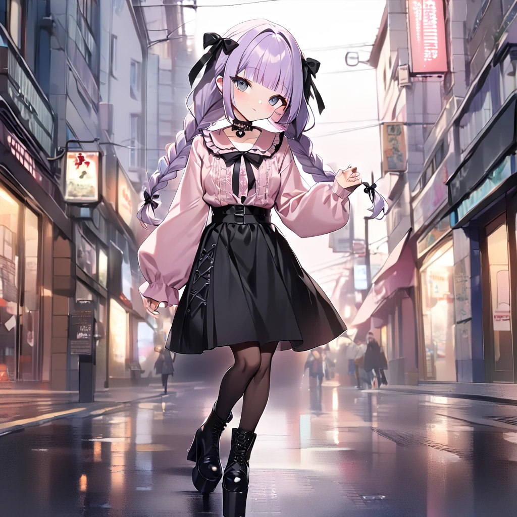 a masterpiece, beautiful eyes, a beautiful face, kawaii, light atmosphere, (Cute a girl:1.5), (a girl with closs hair pin,pale purple hair,wavy two braids,blunt bangs hair,green and black eyes,
pink shirt,Black skirt, platform boots,,cosplay, jirai kei, bangs, black bow, looking at viewer, bow, long sleeves, choker, ribbon,pink lips,fullbody shot :1.4),
(masterpiece:1.3), anime visual, (Lovey-dovey:1.5), (tilt head:1.3), extremely delicate face, soft clean focus, realistic lighting and shading, (an extremely delicate and beautiful art:1.3),Shibuya 109 in the background, walking towards Shibuya 109, back view, looking back,look at viewer,
