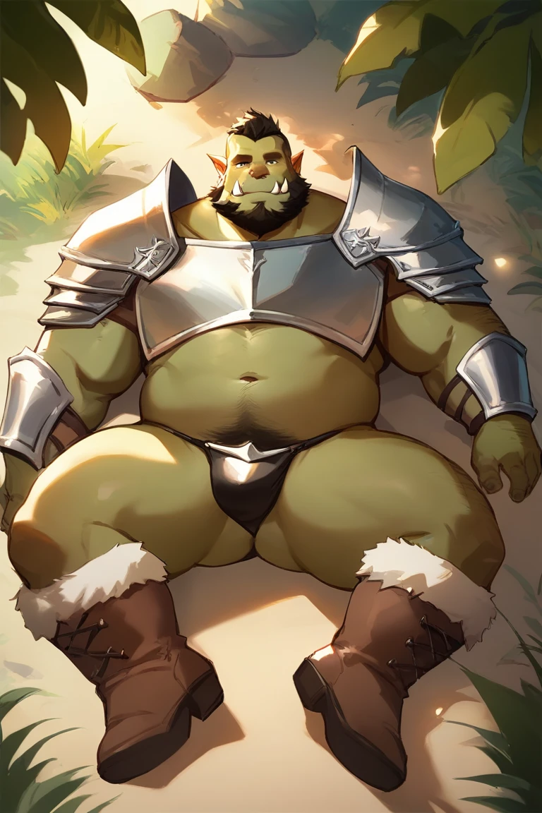 score_9, score_8_up, score_7_up, solo, male focus, chubby male, oily skin , orc, green skin, tusks, beard, outdoors, micro armor , shoulder armor, breastplate, upper body , pauldrons, day , (( black thong )) , full body , boots , laying , spread legs , massive ass