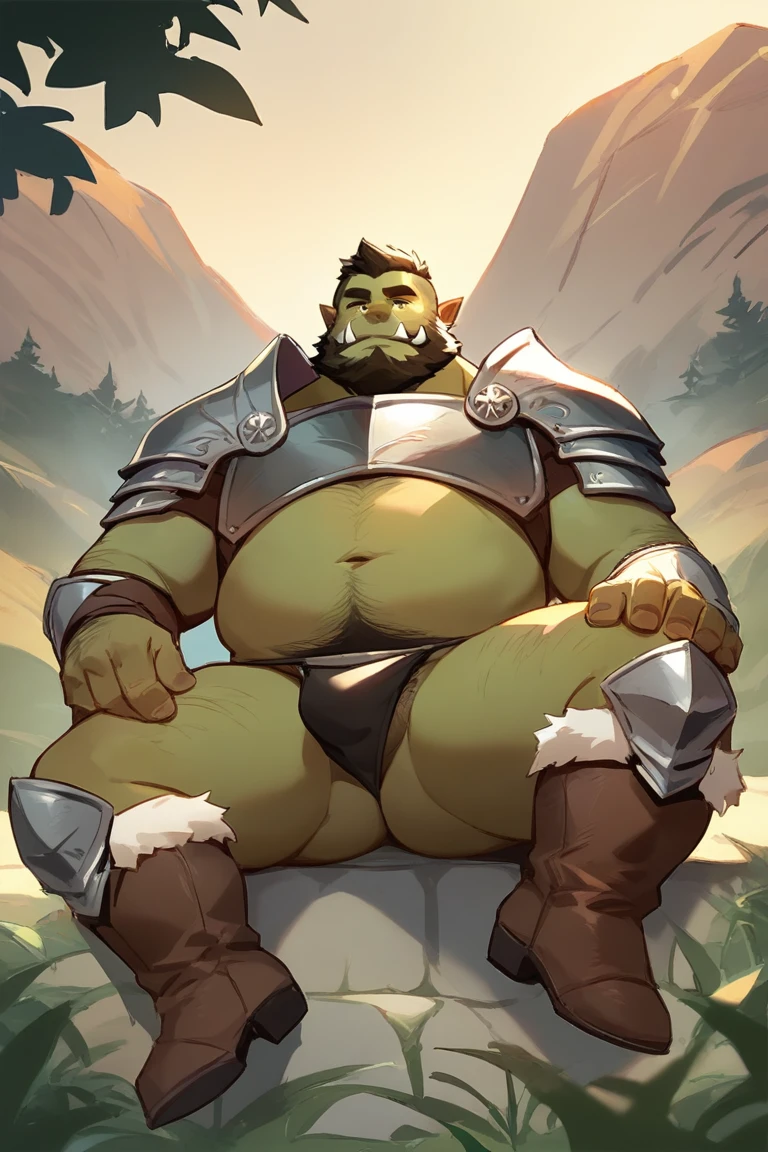 score_9, score_8_up, score_7_up, solo, male focus, chubby male, oily skin , orc, green skin, tusks, beard, outdoors, micro armor , shoulder armor, breastplate, upper body , pauldrons, day , (( black thong )) , full body , boots , laying , spread legs , massive ass