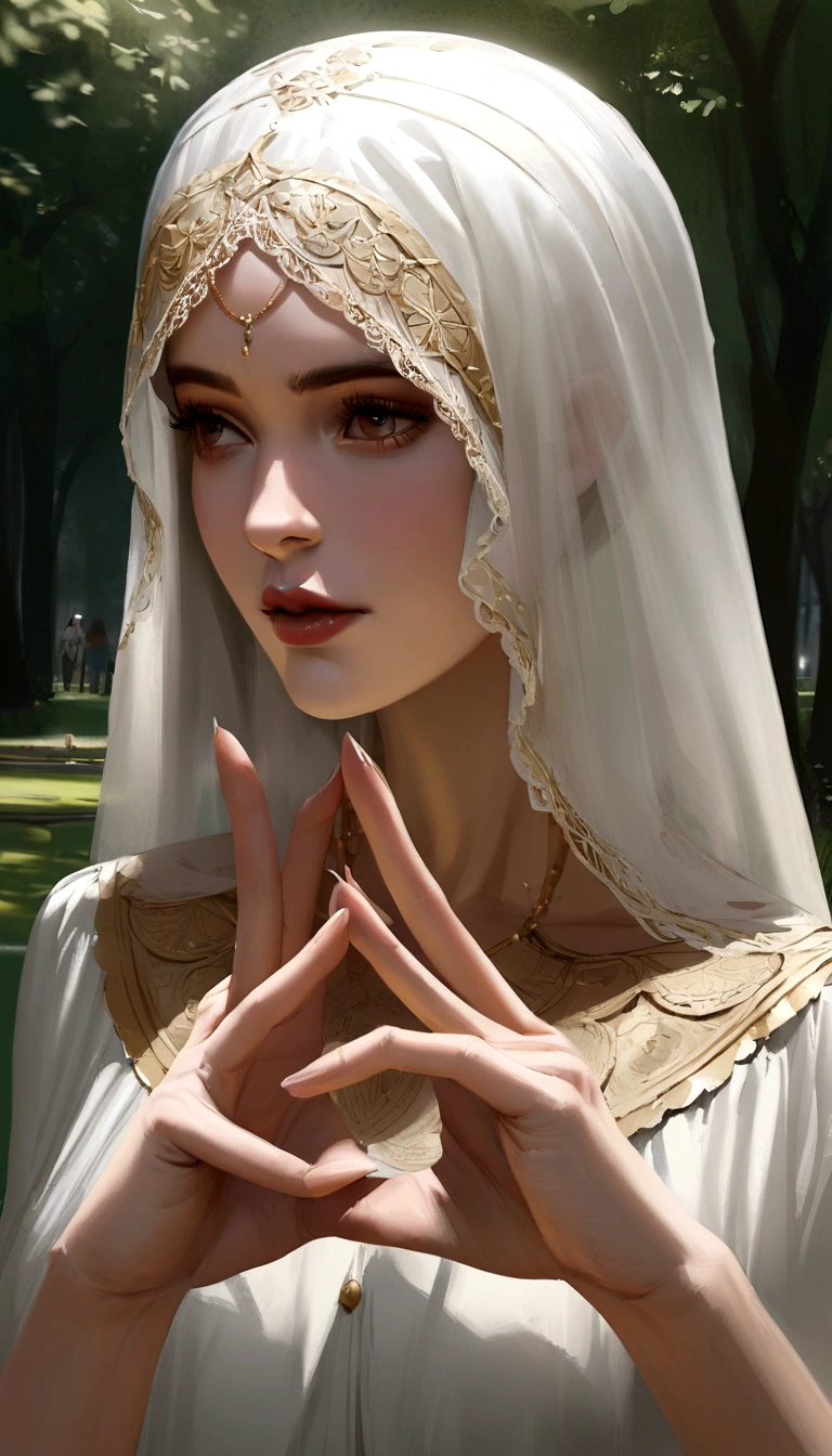 veiled woman, fingers, in a park, Realist
