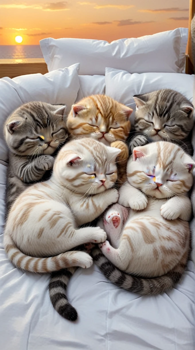 With the sunset in the background,(masterpiece:1.2, high quality), Five Scottish Fold kittens sleeping together in bed、