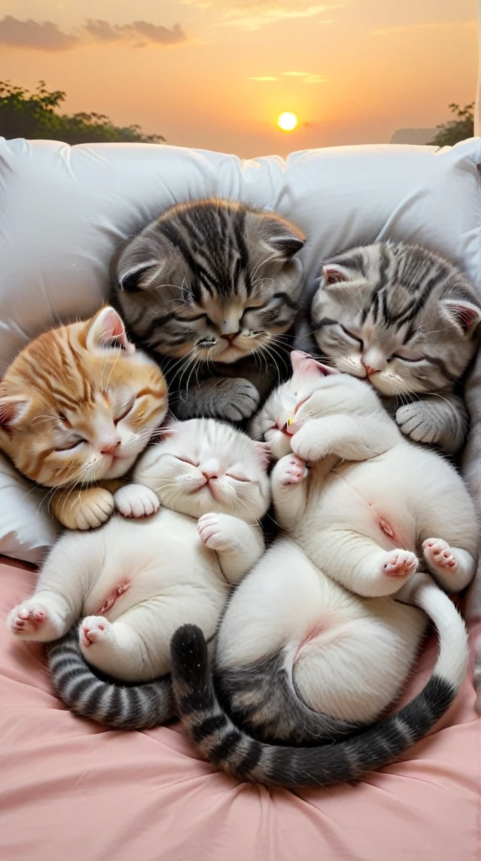With the sunset in the background,(masterpiece:1.2, high quality), Five Scottish Fold kittens sleeping together in bed、