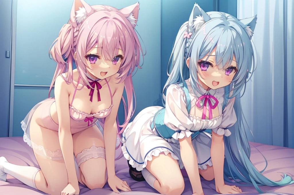 nsfw,Two Girls,On all fours,panties,penis,Long Tongue,Light blue hair,Light pink hairstyles，Cat ear，Pink Eyes，light blue lolita，White socks，,Pink ribbon,Laughing with your mouth open,Best image quality,Highest quality