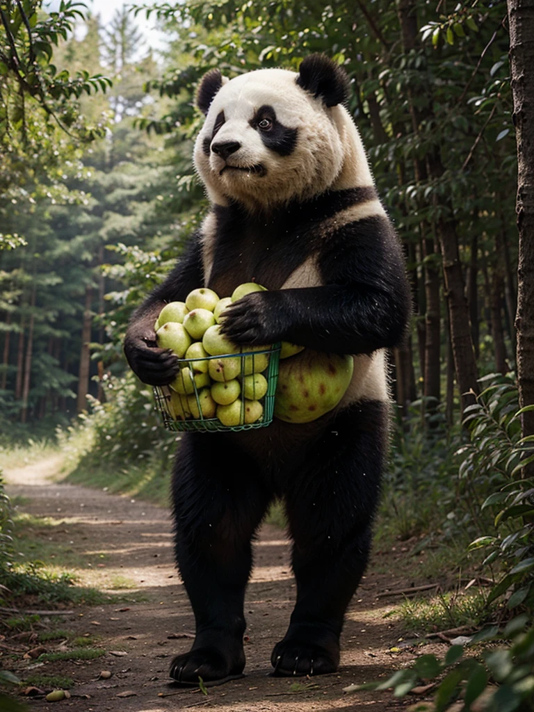 A panda carrying apples through the forest