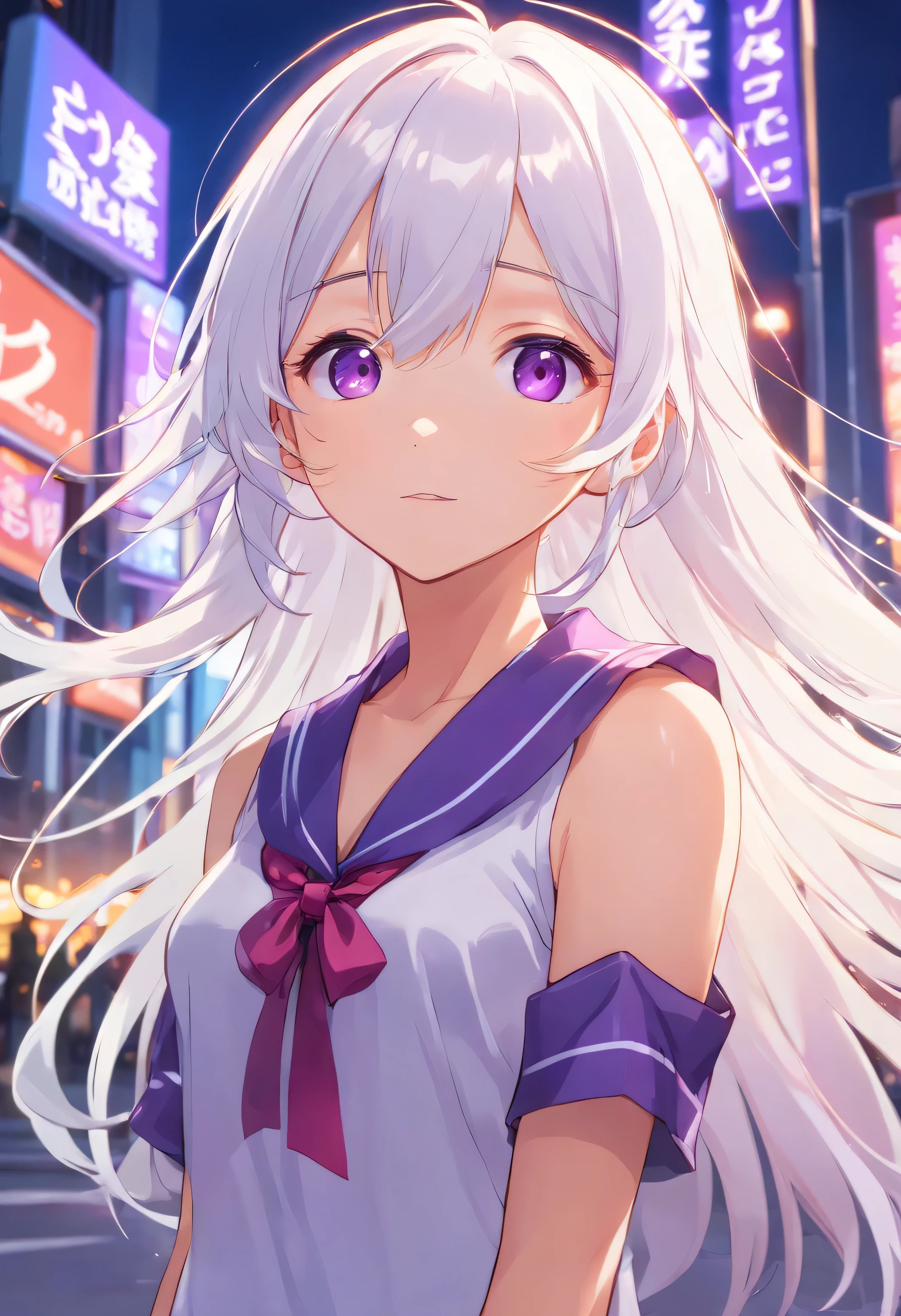 Cute , purple eyes, (Long hair), ((white hair)), (((straight hair))), Purple ribbon, flat chest, (Miko), purple pleated skirt, black tanktop, happy, ((kawaii)), (Purple collar), white kneehighs, looking at the viewer, (masutepiece:1.2), Best Quality, High resolution, Unity 8k wallpaper, (Illustration:0.8), (Beautiful detailed eyes:1.6), extra detailed face, Perfect Lighting, anime style