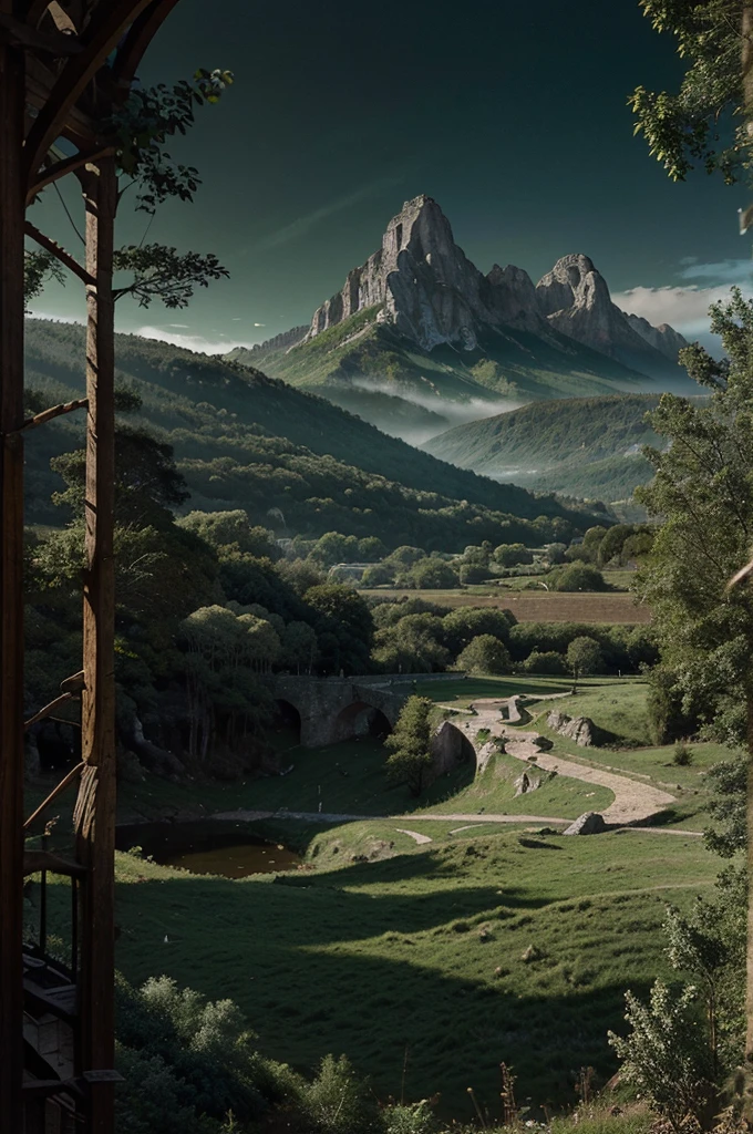 detailed fantasy map, medieval cartography, seven villages, lush forests, towering mountains, vast oceans, intricate details, realistic medieval style, masterful draftsmanship, highly detailed, cinematic perspective, atmospheric lighting, rich color palette, dramatic shadows, exquisite textures, etched parchment, aged and weathered appearance, antique aesthetic, masterpiece