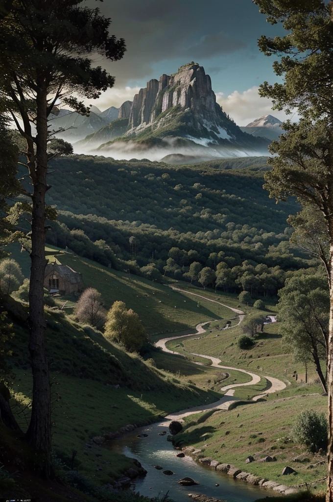 detailed fantasy map, medieval cartography, seven villages, lush forests, towering mountains, vast oceans, intricate details, realistic medieval style, masterful draftsmanship, highly detailed, cinematic perspective, atmospheric lighting, rich color palette, dramatic shadows, exquisite textures, etched parchment, aged and weathered appearance, antique aesthetic, masterpiece