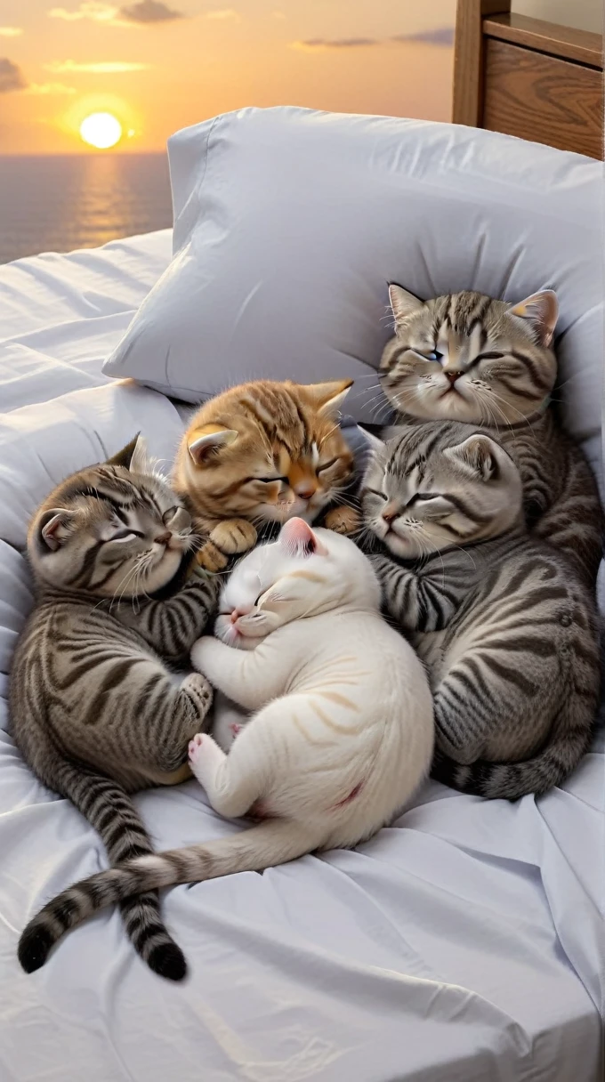 With the sunset in the background,(masterpiece:1.2, high quality), Five Scottish Fold kittens sleeping together in bed、