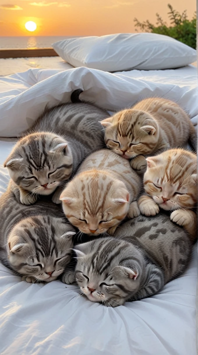 With the sunset in the background,(masterpiece:1.2, high quality), Five Scottish Fold kittens sleeping together in bed、