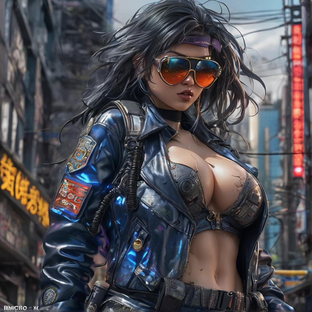 Heavy metal police girl, post-apocalyptic city, insanely detailed real shiny skin, masterpiece body quality, real color, erotic and sensual, d cup, big chest, sunglasses, 8k resolution🔥, Miki Asai Macro photography, close-up, hyper detailed, trending on artstation, sharp focus, studio photo, intricate details, highly detailed, cinematic by zack snider