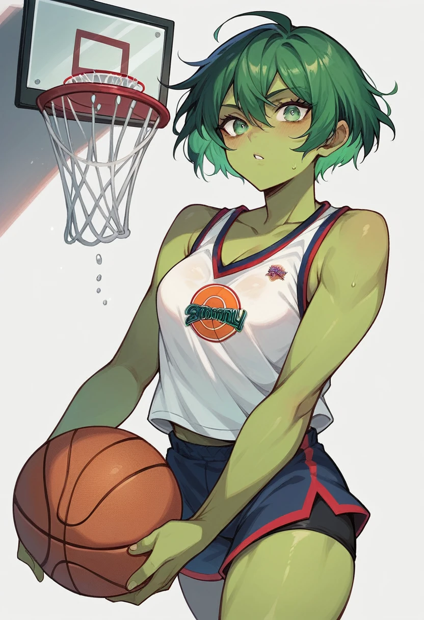 a cartoon character with green hair and green skin big green eyes short girl wearing basketball clothes and a basketball in her hand
