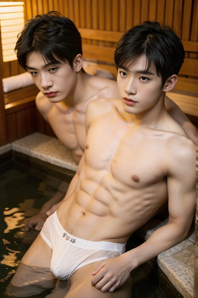 2boys,  asian young man, muscular, twink, normal body, Bang Hair, jockstrap, in the Onsen hot springs