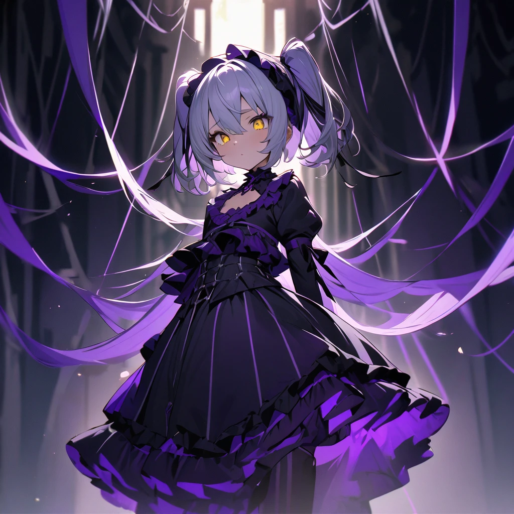 Top quality, masterpiece, doll girl, suspended by countless threads, ball jointed, silver hair, golden eyes, gothic ta, purple dress, headband, contrast of light and darkness