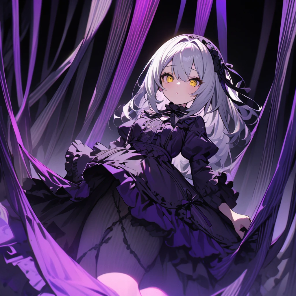 Top quality, masterpiece, doll girl, suspended by countless threads, ball jointed, silver hair, golden eyes, gothic lolita, purple dress, headband, contrast of light and darkness
