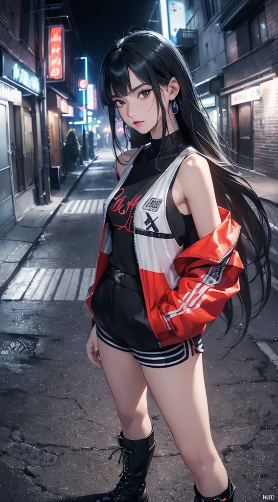 (((8k wallpaper of extremely detailed CG unit:1.2, masterpiece, hight resolution:1.2, top-quality:1.2, masutepiece))), ((a very beautiful woman, Hands in pockets:1.8, Street fashion:1.2, wearing a colorful jacket:1.2, Wearing boots)), ((extra detailed face, Highly detailed black eyes, extra detailed body, Top quality real texture skins)), (blue straight hair:1.2, de pele branca, Small, exposed shoulder), ((Empty alley, Mileland. natta, Neon Street)), (high-angle, a closeup, Fisheye), hyper realisitic, digitial painting,