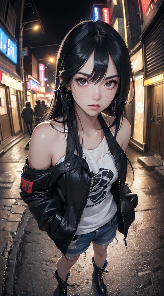 (((8k wallpaper of extremely detailed CG unit:1.2, masterpiece, hight resolution:1.2, top-quality:1.2, masutepiece))), ((a very beautiful woman, Hands in pockets:1.8, Street fashion:1.2, wearing a colorful jacket:1.2, Wearing boots)), ((extra detailed face, Highly detailed black eyes, extra detailed body, Top quality real texture skins)), (blue straight hair:1.2, de pele branca, Small, exposed shoulder), ((Empty alley, Mileland. natta, Neon Street)), (high-angle, a closeup, Fisheye), hyper realisitic, digitial painting,